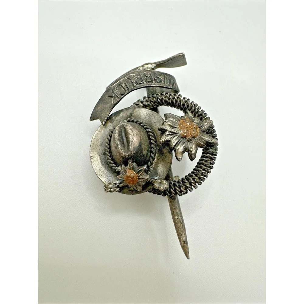 Vintage Innsbruck Austria Souvenir Brooch Edelweiss Hat Alpine Silver Tone 60s